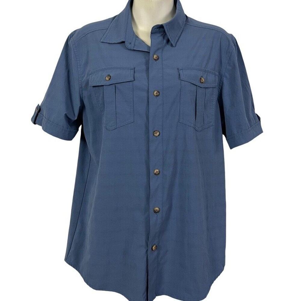 Zyia Active Womens Vented Button Down Short Sleeve Fishing Blue Shirt Top sz M